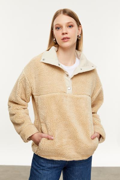 Mudo Kadın Bej Dik Yaka Pelüş Sweatshırt -1