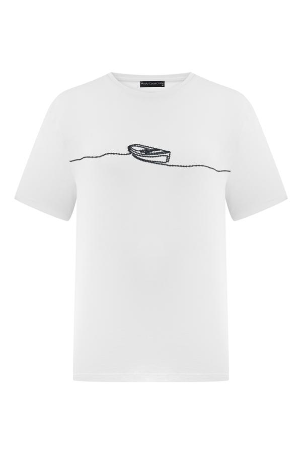 NAKIŞLI BİSİKLET YAKA KISA KOLLU T-SHIRT